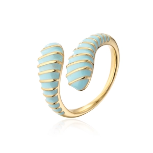 Vintage 18K gold-plated copper open ring with light blue enamel and geometric patterns
