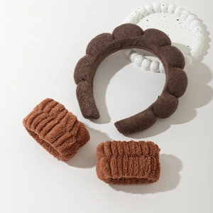 Deep brown fluffy spa headband and matching wristbands set for skincare and face washing