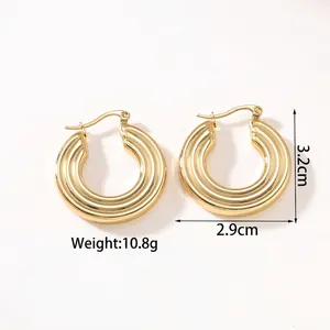 Polished 18k gold plated stainless steel hollow hoop earrings measuring 3.2cm by 2.9cm
