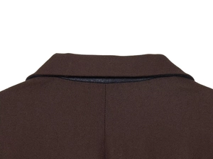 Detail of dark brown twill blazer neckline showing stitching and fabric texture