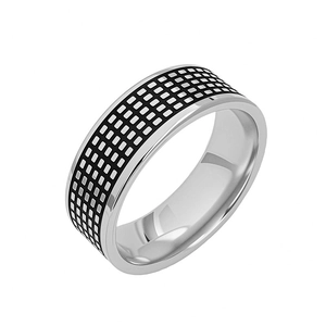 Detail of men's titanium ring featuring black inlay with silver grid pattern