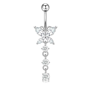 Silver butterfly belly button ring with sparkling zircon heart-shaped tassel pendants