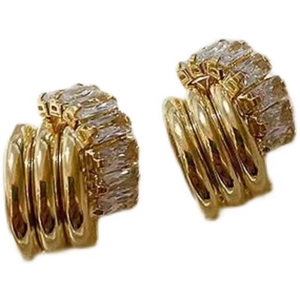 Elegant gold earrings with double rows of rectangular cubic zirconia stones for women
