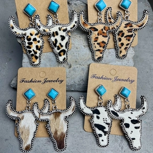 Orecchini A Pendente Testa Di Toro Western Vintage Bohemien Turchese Lega Vera Pelle Bovina Stampa Animale Per Donne