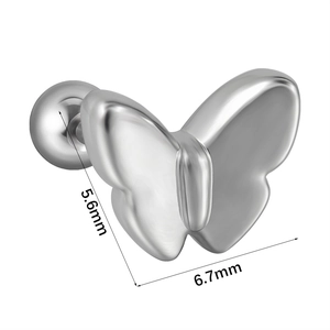 Polished stainless steel butterfly stud earrings with dimensions 5.6mm by 6.7mm