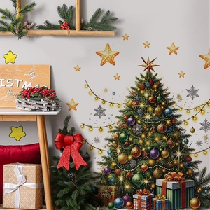 Detailed view of self-adhesive Christmas tree wall decals with stars and snowflake patterns