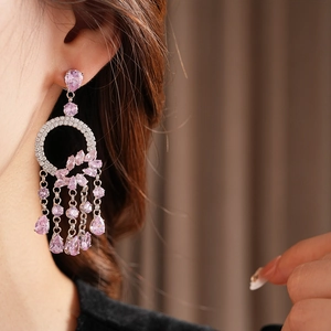 Detail of pink zircon drop fringe earrings featuring French court style luxury craftsmanship