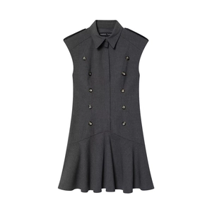 Women's dark grey sleeveless lapel dress with double-breasted buttons and ruffled hemline