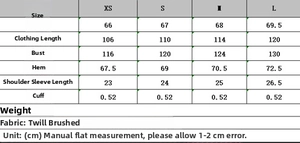 Tableau des tailles détaillé pour veste à revers et pantalon large en sergé brossé