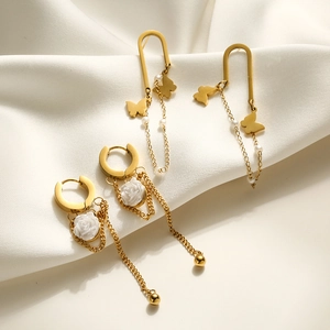 Elegant gold titanium steel butterfly pearl and white rose flower tassel earrings set