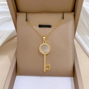 Luxury Key Pendant Necklace With White Cat Eye Stone Micro Pave CZ Stainless Steel Clavicle Chain For Women