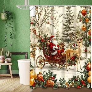 Rideau de douche de Noël 3D avec Père Noël et rennes, dimensions 200x200cm