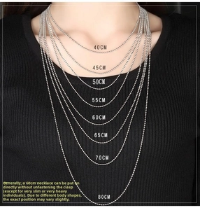 Detailed necklace length guide chart showing fits from 40cm to 80cm on a model