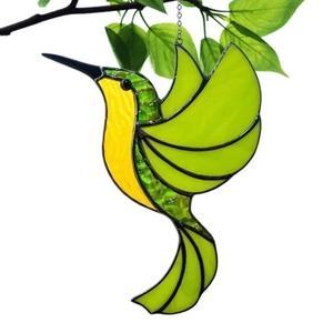 Stained glass style hummingbird suncatcher with green and yellow acrylic wings for garden decor
