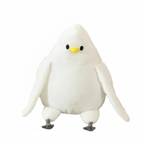 Soft white pigeon plush toy with yellow beak and sitting pose on white background