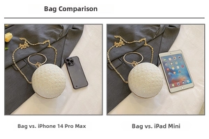 Size comparison of white sphere evening bag with rhinestone detail and gold chain