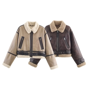 Women Short Aviator Jacket Faux Leather Shearling Moto Coat Lapel Zipper Pockets Buckle Hem Warm Casual