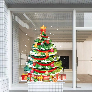 Christmas tree window sticker with festive decorations and gift boxes for glass doors