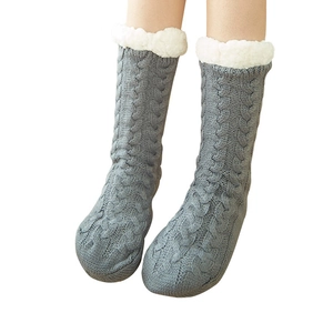 Gray knitted thermal floor socks with white faux fur trim and anti-slip thick lining