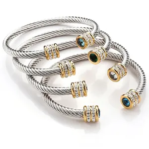 Twisted Cable Cuff Bangle Stainless Steel Birthstone Colored Cubic Zirconia Two Tone Adjustable Jewelry For Women