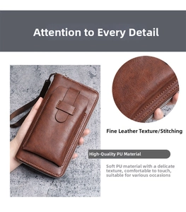 Close-up of vintage dark brown PU leather texture and precise stitching on men long wallet