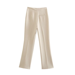 Detailed view of high-waist cream-white trousers featuring straight leg and decorative back pocket