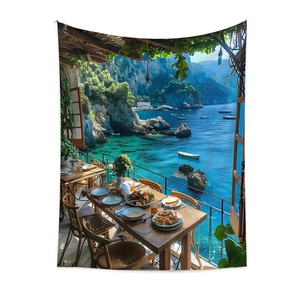 Detail of Mediterranean coastal restaurant tapestry with boats and sea on white wall