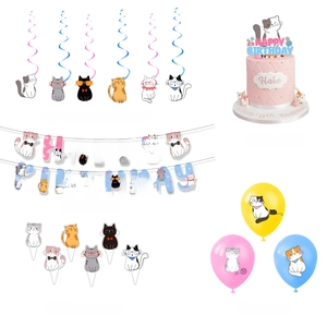 Detailed set of cat theme party decorations with colorful balloons and birthday banners