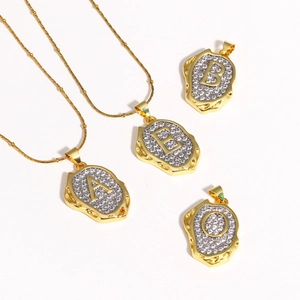 Initial Letter Pendant Necklace 18K Gold Plated Copper Geometric Irregular Frame Pave Zircon Fashion Jewelry For Women