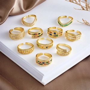 Zirconia Gold Plated Copper Ring Adjustable Open Geometric Sparkly Fashion Finger Jewelry For Women
