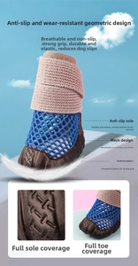 Detail of breathable blue mesh dog shoes with pink knit cuff and non-slip rubber soles