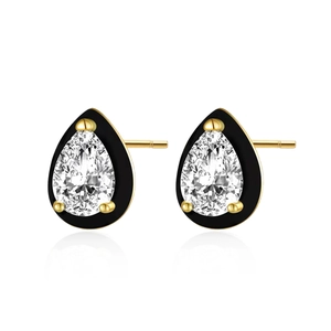 Macro shot of S925 silver teardrop earrings with pear-cut stone and black enamel