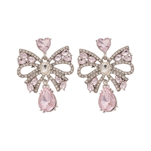 Elegant silver bow earrings with pink heart and teardrop crystal tassels in high gloss