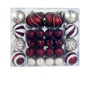Detail view of various textured Christmas ball ornaments in a transparent gift box set