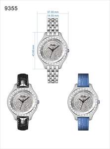 Luxury quartz watch size guide for women with silver, black, and blue straps in 37mm dial