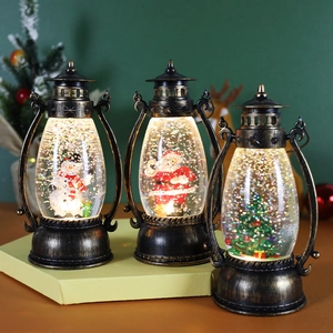 Christmas Snow Globe Lantern Retro Portable LED Night Light Bronze Plastic Luminous Sparkling Glitter Holiday Decor
