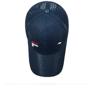 Top view of navy blue mesh baseball cap with FBQE embroidery and breathable vents