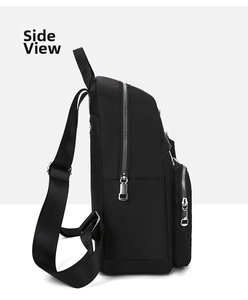 Sac a dos femme en tissu oxford noir vue laterale elegante decontractee grande capacite
