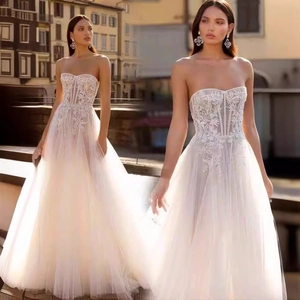 Robe De Mariée Femme Bustier Sans Bretelles Dentelle Broderie Florale Tulle Ligne A Longue Ivoire Elégante