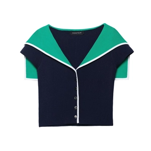 Retro Color Block Acrylic Knit Top Women Short Sleeve Lapel Button Up Cardigan Navy Blue Green White Slim Fit