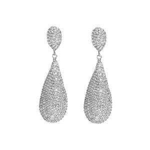 Luxurious silver drop earrings with shimmering micro-pave crystals on white background