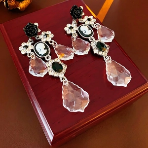 Vintage Cameo Portrait Alloy Dangle Earrings With Black Rose Rhinestone Crystal And Silver Earring Post Victorian Style