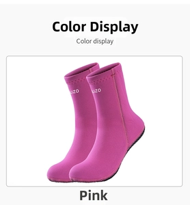 Detail of pink 3mm neoprene diving socks for surfing and snorkeling with OUZO logo