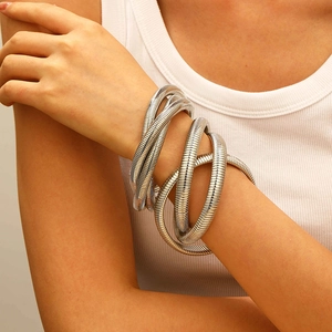 Silver chunky multi-layer spiral snake chain bracelet for women with metallic texture