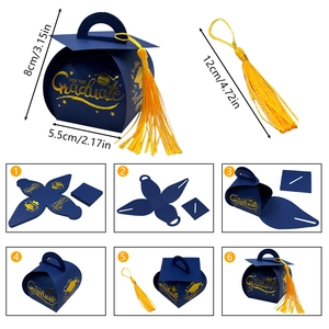 Blue graduation cap gift box with yellow tassel and assembly guide for party candy