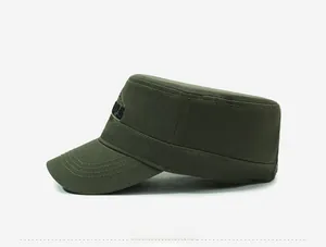Side view of army green cadet cap with cotton canvas fabric and embroidery detail