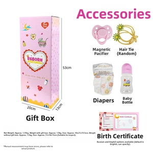 Detailed gift set including 55cm baby doll accessories, magnetic pacifier, and bottle