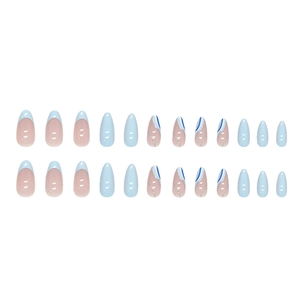 Almond blue and white wavy French press-on nails with 24 pieces set in minimalist style
