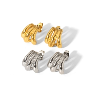 Minimalist 18K gold and silver plated C-shaped triple-line stud earrings set for women