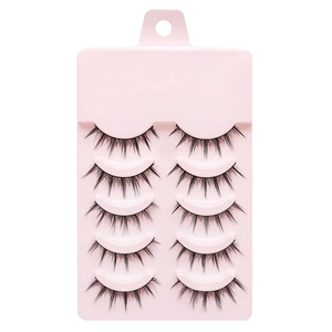 Five pairs of natural thick false eyelashes with extended eye corners in a pink case
